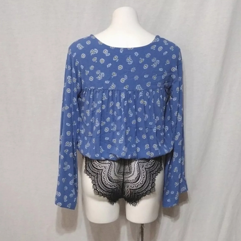 Free People Intimately Forties Feel Blue Daisy V-neck Bodysuit Long Sleeve- L - Picture 9 of 14